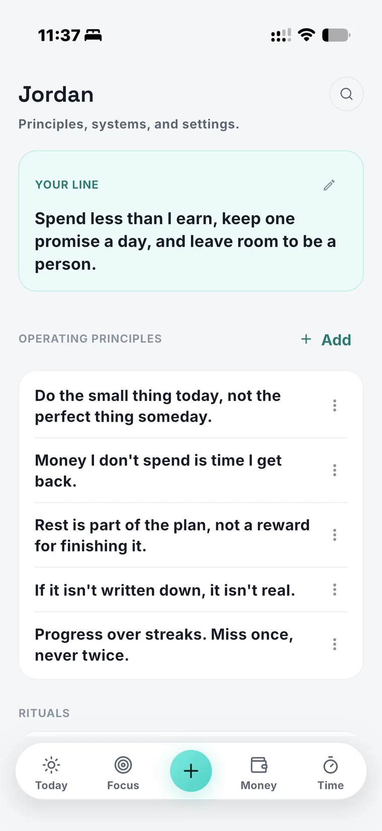 The You tab: a personal line and the operating principles under it.
